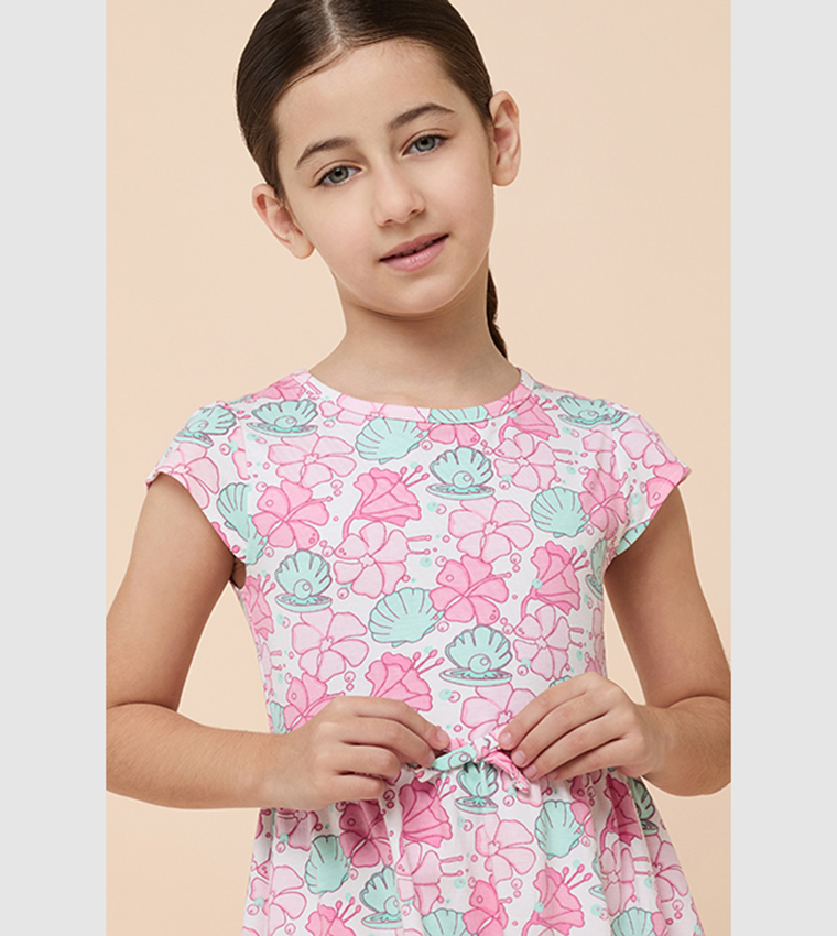 Printed Flared Dress with Crew neck and Short Sleeves