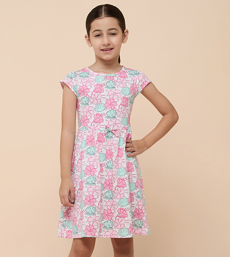 Printed Flared Dress with Crew neck and Short Sleeves