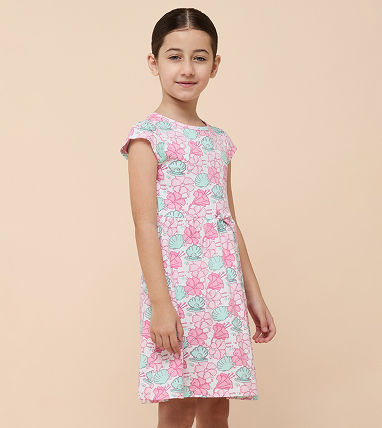 Printed Flared Dress with Crew neck and Short Sleeves
