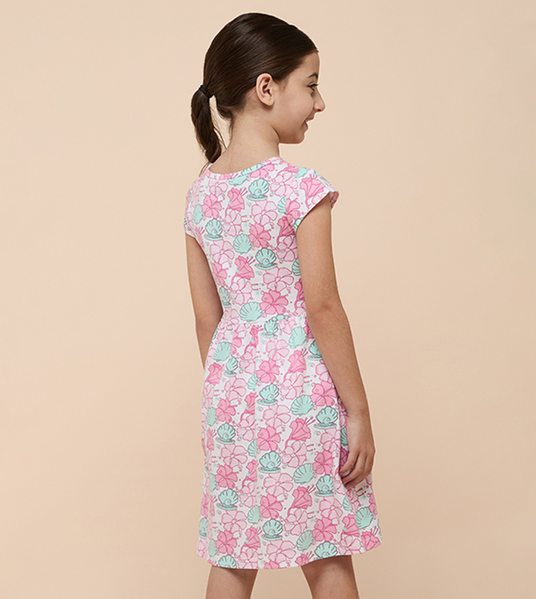 Printed Flared Dress with Crew neck and Short Sleeves