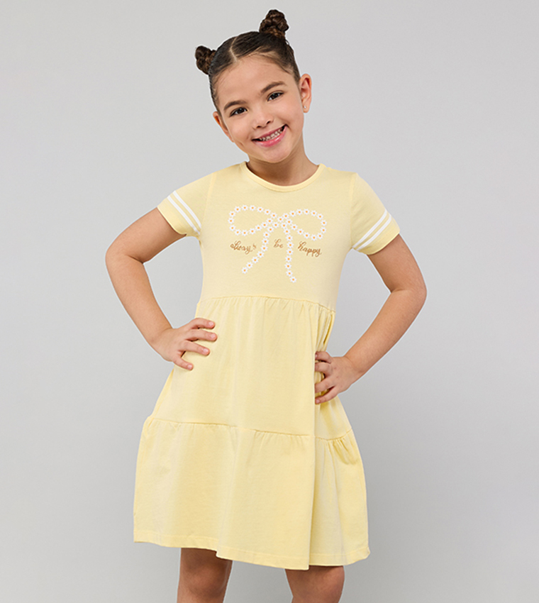 Printed Dress with Crew Neck and Short Sleeves