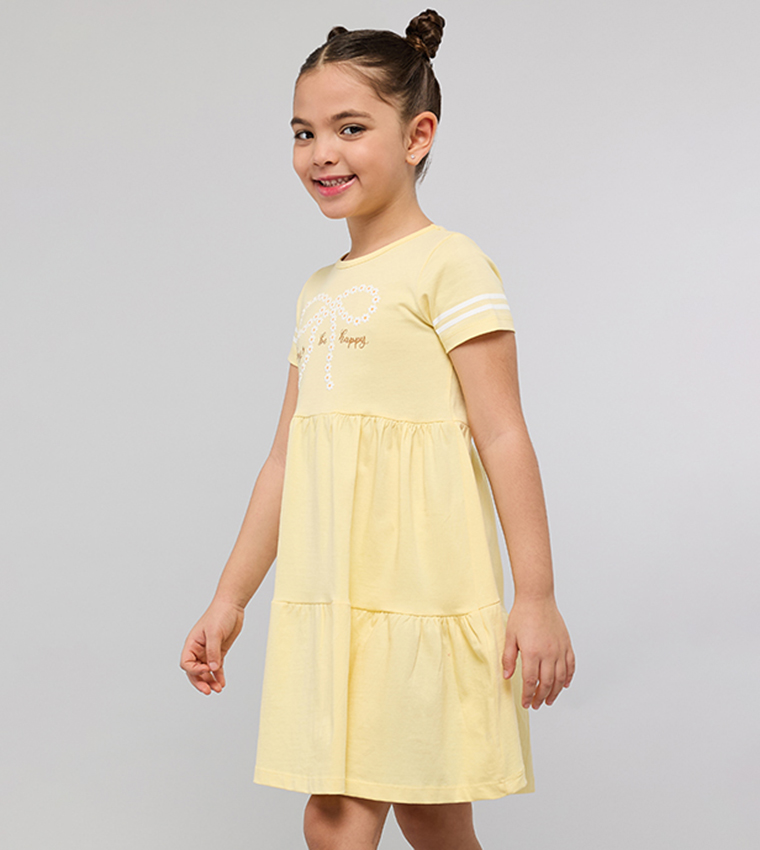 Printed Dress with Crew Neck and Short Sleeves