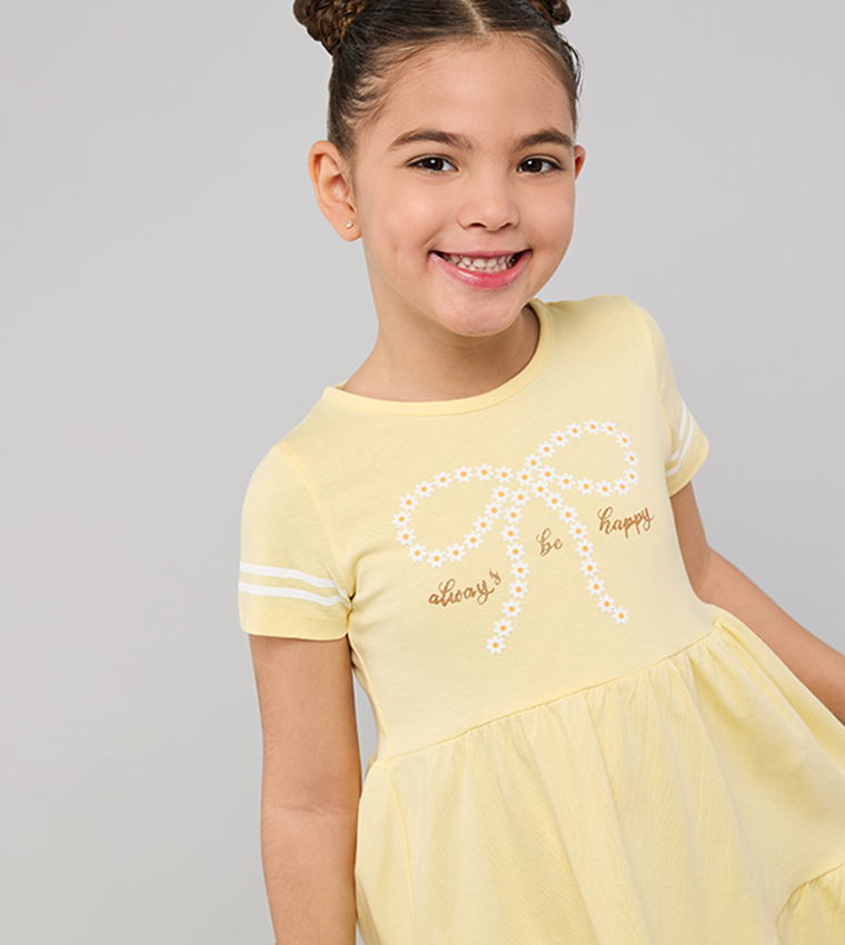 Printed Dress with Crew Neck and Short Sleeves