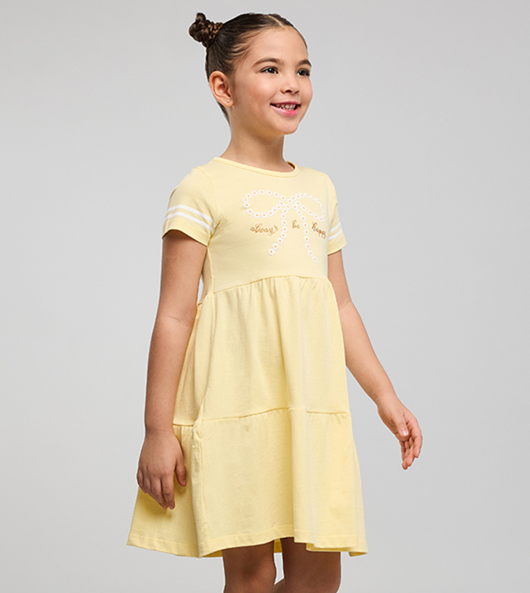 Printed Dress with Crew Neck and Short Sleeves