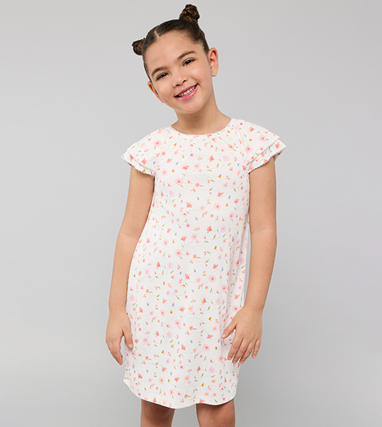 Printed Dress with Crew Neck and Short Sleeves