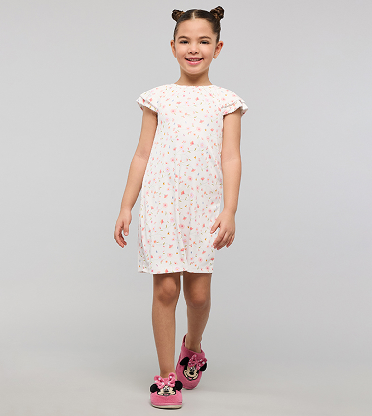 Printed Dress with Crew Neck and Short Sleeves