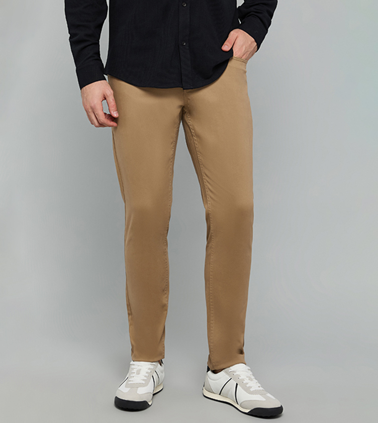 Solid Slim Fit Pants with Button Closure