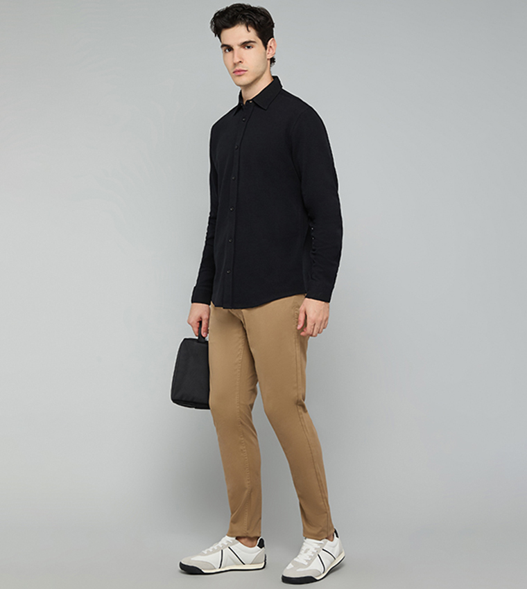 Solid Slim Fit Pants with Button Closure