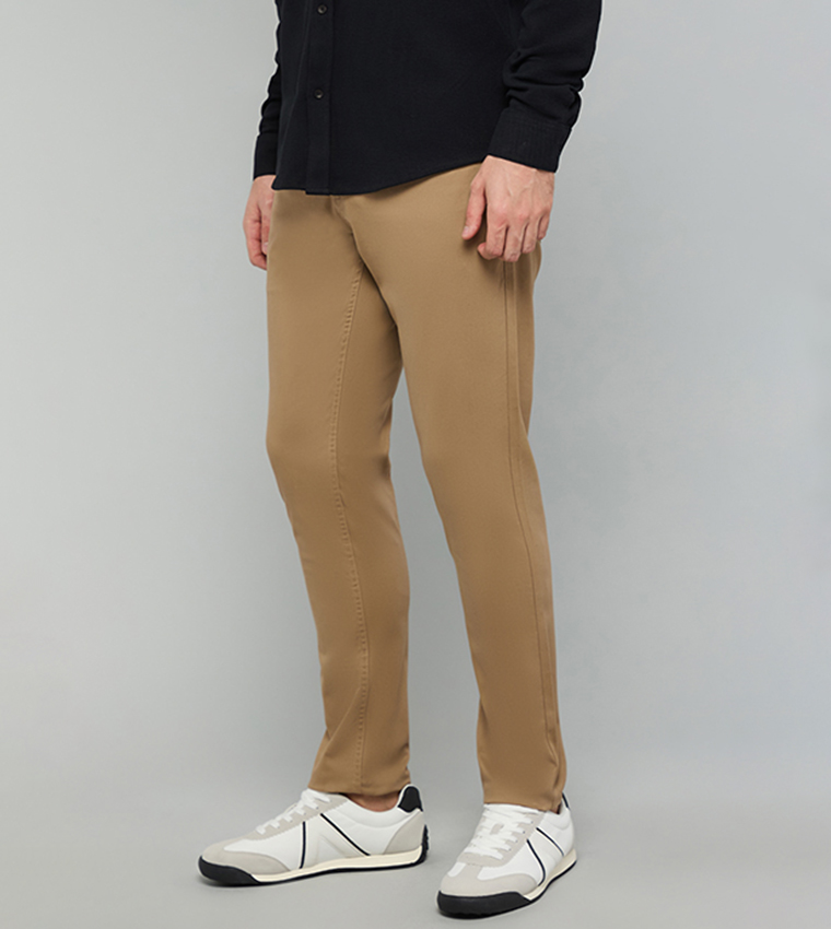 Solid Slim Fit Pants with Button Closure