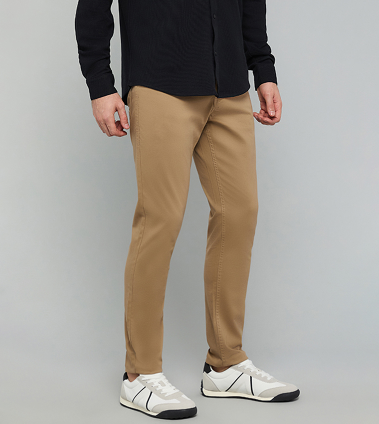 Solid Slim Fit Pants with Button Closure