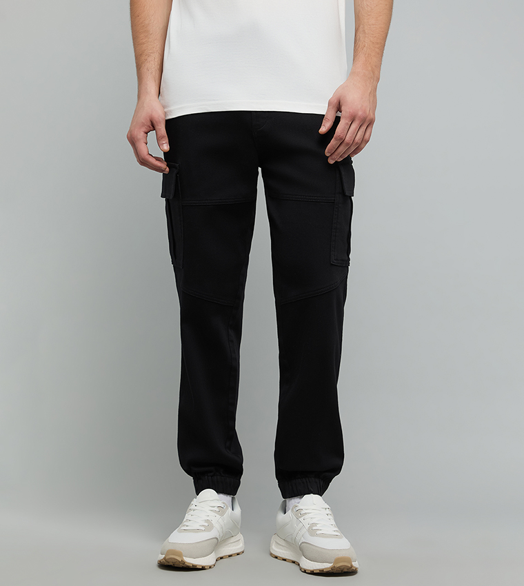 Solid Cargo Jeans with Button Closure