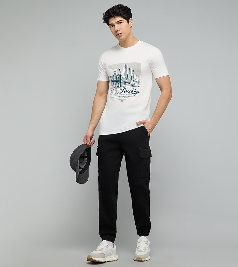 Solid Cargo Jeans with Button Closure