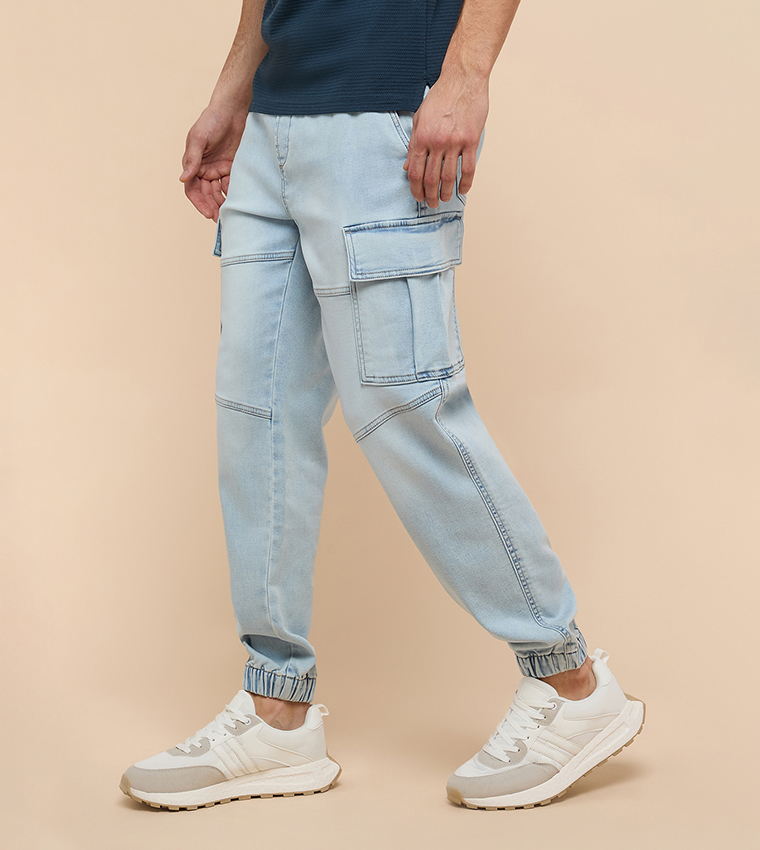 Solid Cargo Jeans with Button Closure