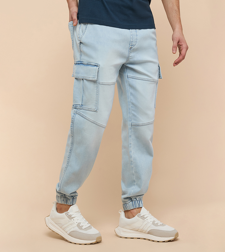 Solid Cargo Jeans with Button Closure