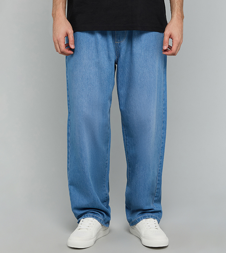 Washed Relaxed Fit Jeans with Button Closure