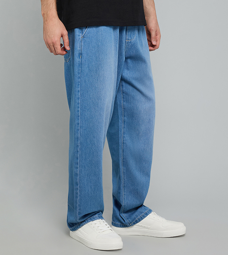 Washed Relaxed Fit Jeans with Button Closure