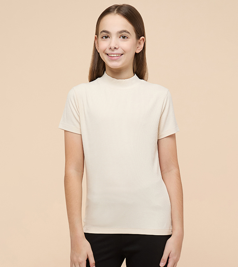 Ribbed Top with Mock Neck and Short Sleeves