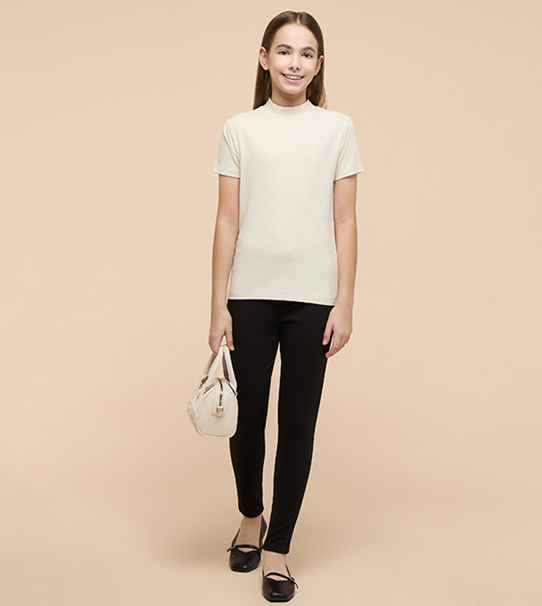 Ribbed Top with Mock Neck and Short Sleeves
