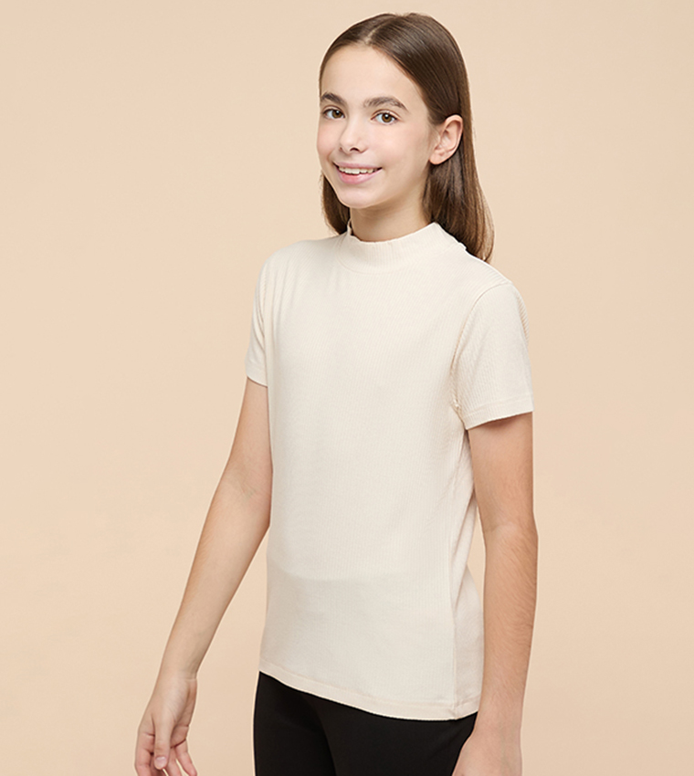 Ribbed Top with Mock Neck and Short Sleeves