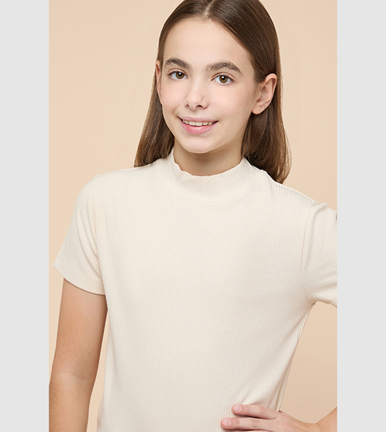 Ribbed Top with Mock Neck and Short Sleeves