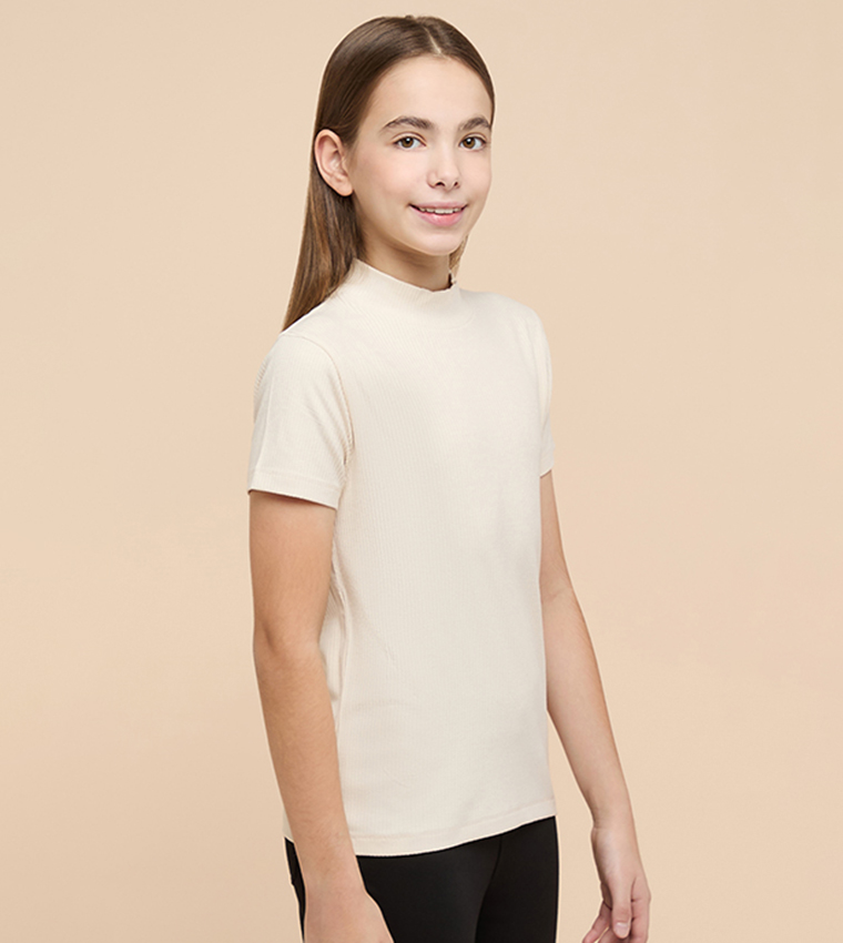Ribbed Top with Mock Neck and Short Sleeves