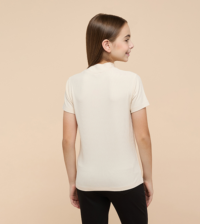 Ribbed Top with Mock Neck and Short Sleeves