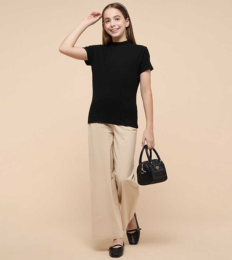Ribbed Top with Mock Neck and Short Sleeves