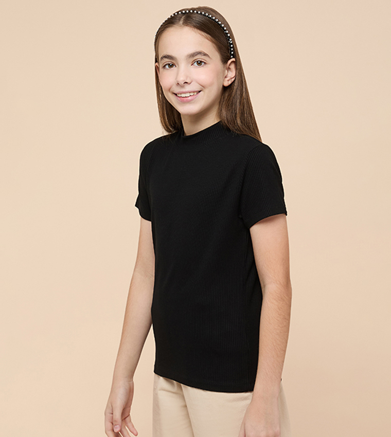 Ribbed Top with Mock Neck and Short Sleeves