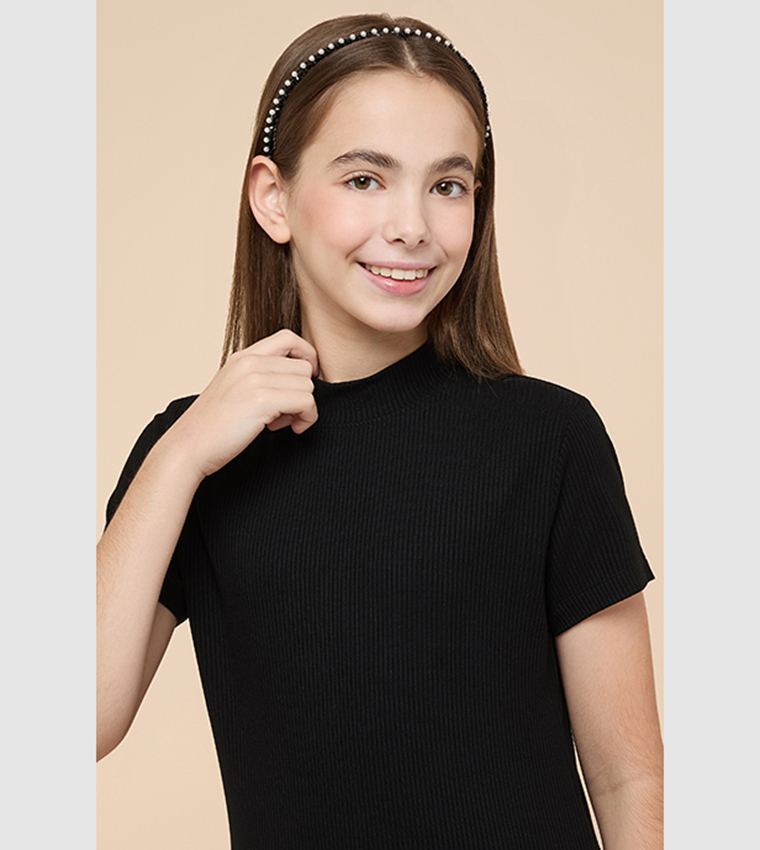 Ribbed Top with Mock Neck and Short Sleeves