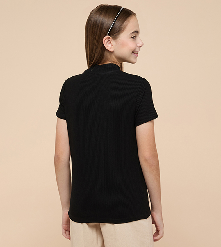 Ribbed Top with Mock Neck and Short Sleeves