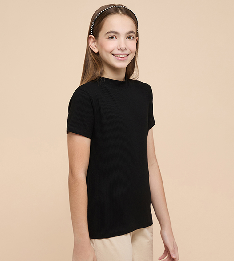 Ribbed Top with Mock Neck and Short Sleeves