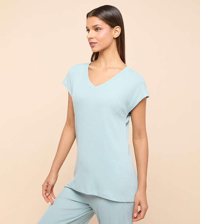 Ribbed Sleep Top With V-Neck and Short Sleeves
