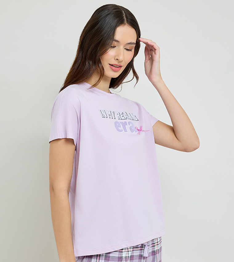 Printed Sleep Top with Crew Neck and Short Sleeves