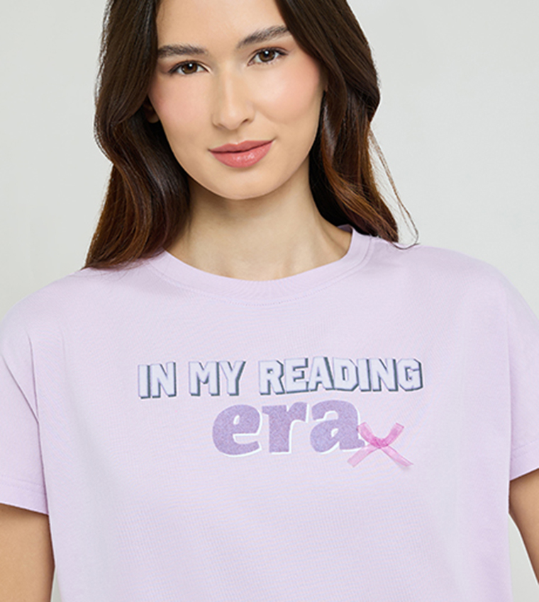 Printed Sleep Top with Crew Neck and Short Sleeves