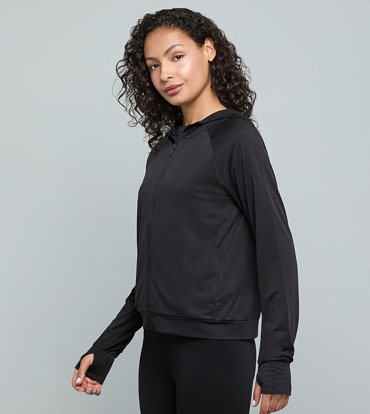 Solid Active Hooded Jacket with Zipper Closure