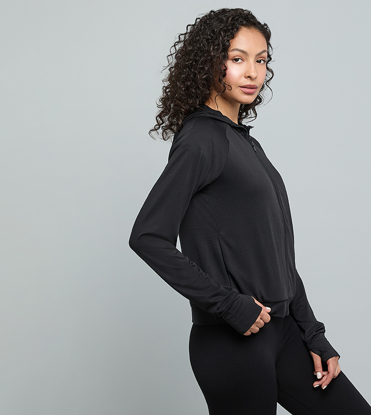 Solid Active Hooded Jacket with Zipper Closure