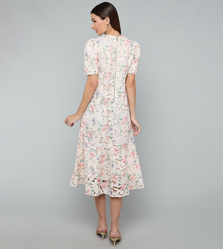 Lace Dress with Crew Neck and Short Sleeves