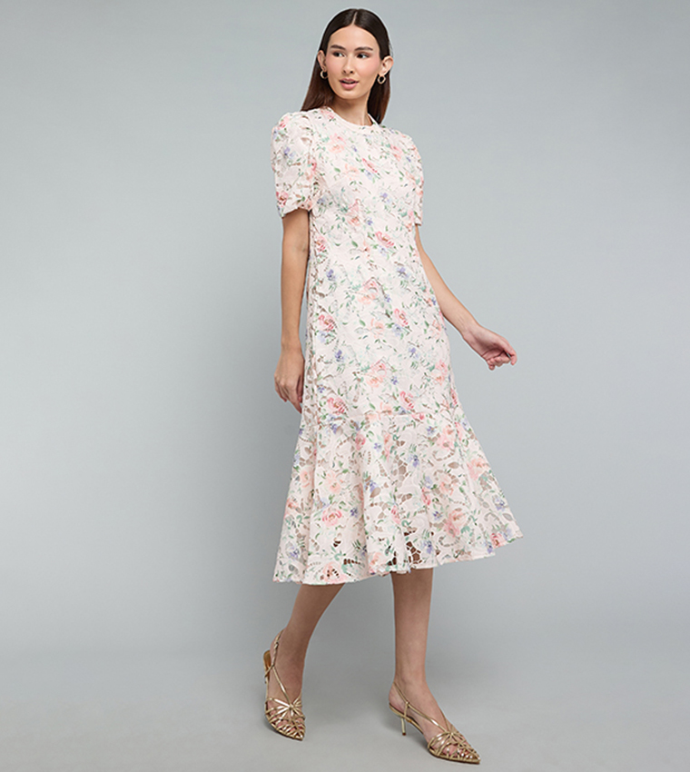 Lace Dress with Crew Neck and Short Sleeves