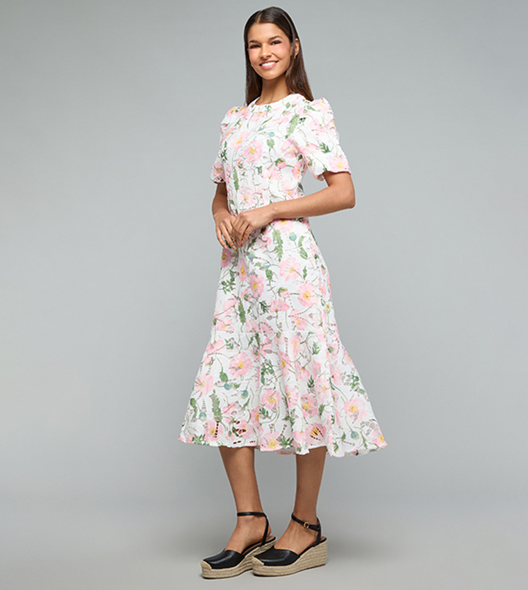 Printed Midi Dress with Crew Neck and Puff Sleeves