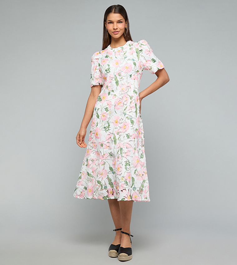 Printed Midi Dress with Crew Neck and Puff Sleeves