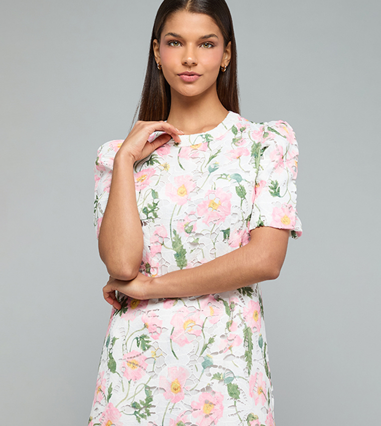 Printed Midi Dress with Crew Neck and Puff Sleeves