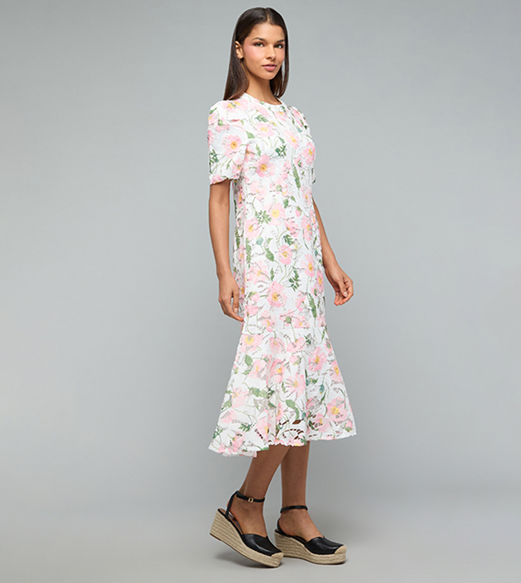 Printed Midi Dress with Crew Neck and Puff Sleeves