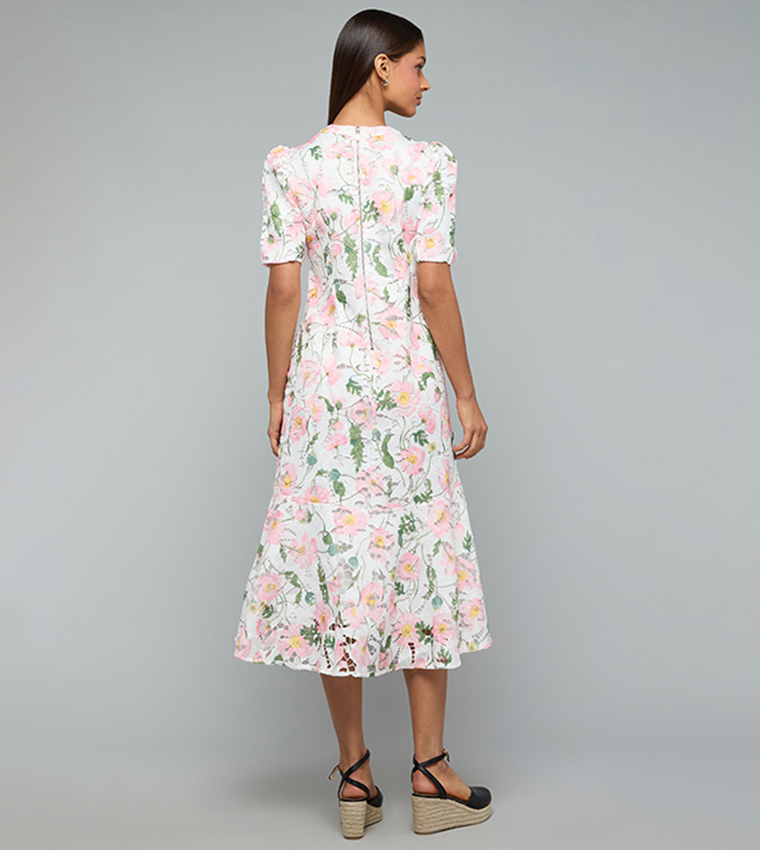 Printed Midi Dress with Crew Neck and Puff Sleeves