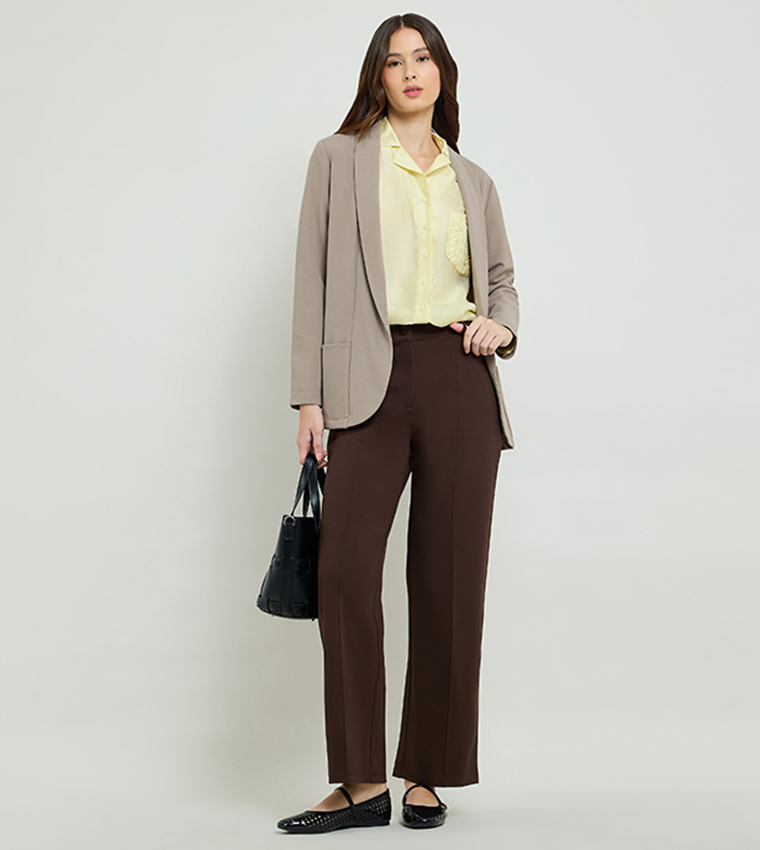 Solid Straight Fit Pants with Button Closure