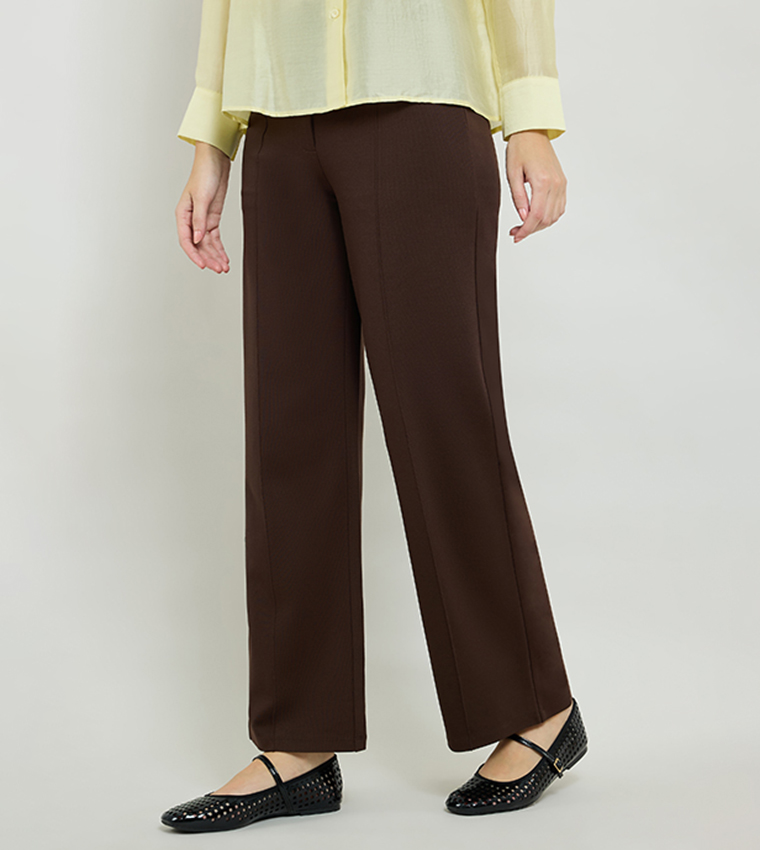 Solid Straight Fit Pants with Button Closure
