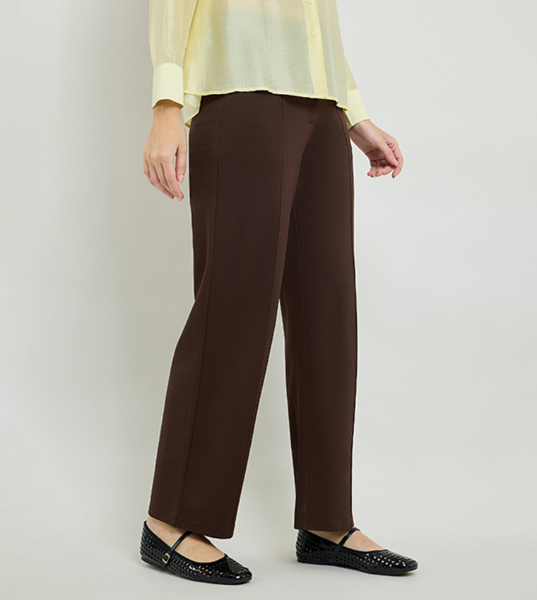 Solid Straight Fit Pants with Button Closure