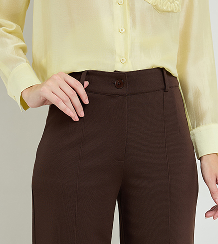 Solid Straight Fit Pants with Button Closure