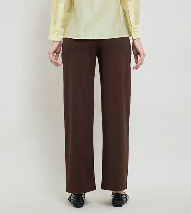 Solid Straight Fit Pants with Button Closure