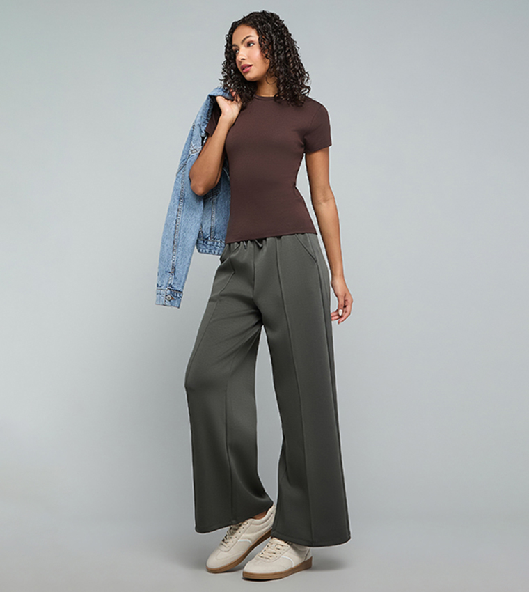 Solid Wide Leg Pants with Drawstring Waist
