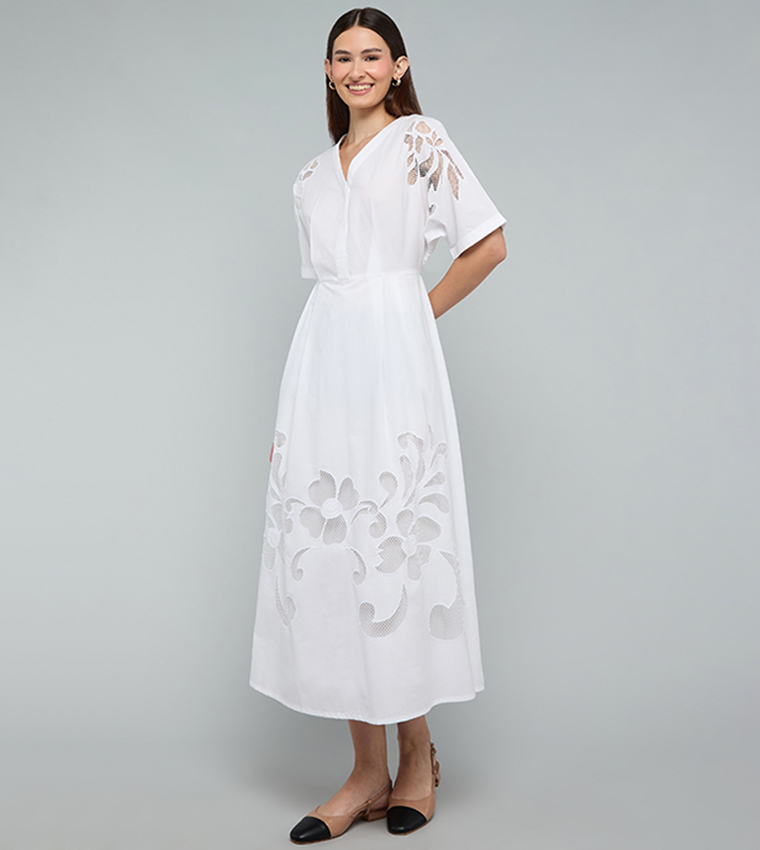 Openwork Midi Dress with V-Neck and Short Sleeves